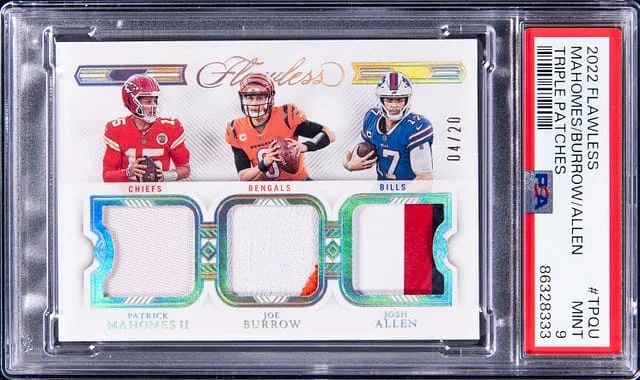 2022 Panini Flawless Patrick Mahomes II/Joe Burrow/Josh Allen Triple Patches #TPQU card image