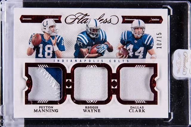 2022 Panini Flawless Peyton Manning/Reggie Wayne/Dallas Clark Triple Patches Ruby #TP-IC card image