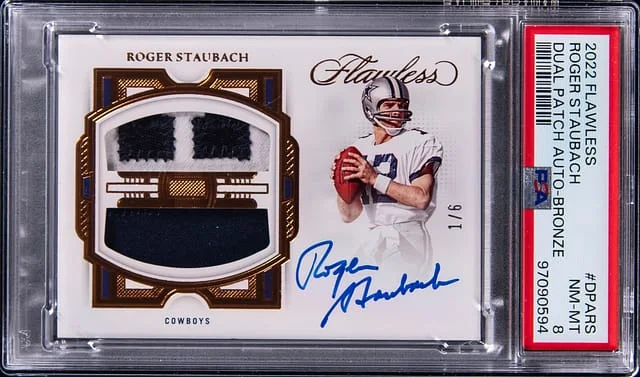 2022 Panini Flawless Roger Staubach Dual Patch Autograph Bronze #DPA-RS card image