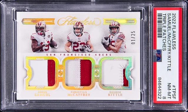 2022 Panini Flawless Samuel/McCaffrey/Kittle Triple Patches #TPSF card image