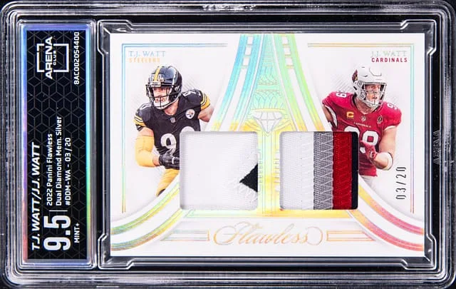 2022 Panini Flawless T.J. Watt/J.J. Watt Dual-Patch Card - AC MINT+ 9.5 Dual Diamond Memorabilia Silver #DDM-WA card image