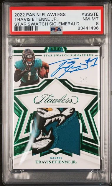 2022 Panini Flawless Travis Etienne Jr. Star Swatch Signatures Emerald #SSSTE card image