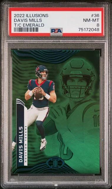 2022 Panini Illusions Davis Mills Trophy Collection Emerald #36 card image