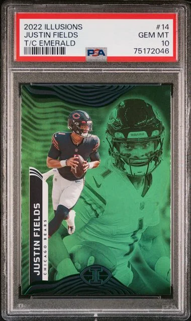 2022 Panini Illusions Justin Fields Trophy Collection Emerald #14 card image