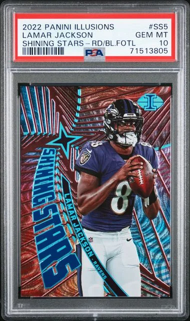 2022 Panini Illusions Lamar Jackson Shining Stars Red & Blue Fotl #Ss5 card image