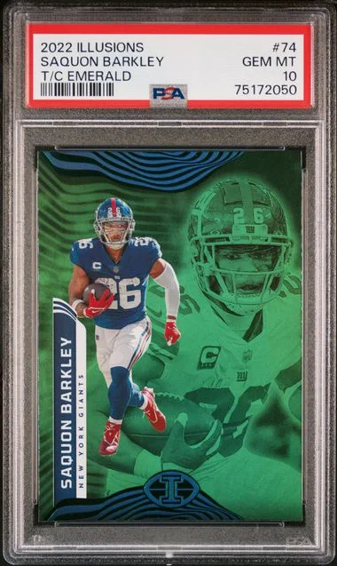 2022 Panini Illusions Saquon Barkley Trophy Collection Emerald #74 card image