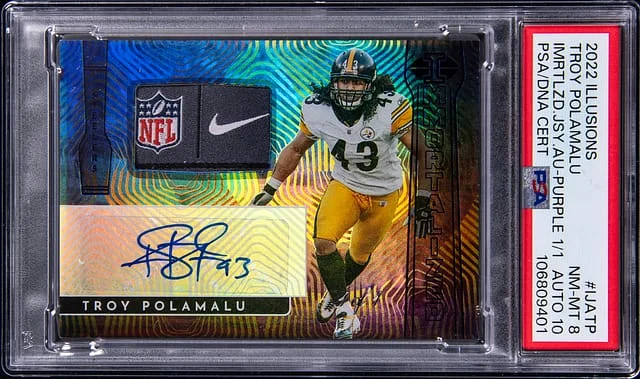 2022 Panini Illusions Troy Polamalu Immortalized Jersey Autograph Purple #IJA-TP card image