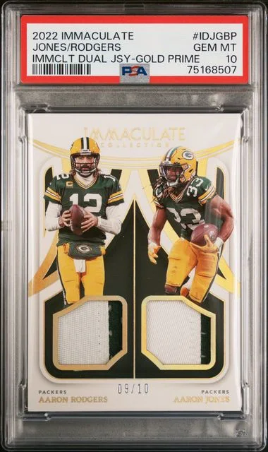 2022 Panini Immaculate Aaron Jones/Aaron Rodgers Immaculate Dual Jerseys Gold Prime #IDJ-GBP card image