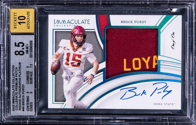 2022 Panini Immaculate Brock Purdy Collegiate Premium Patch Autographs Platinum #PP46 card image