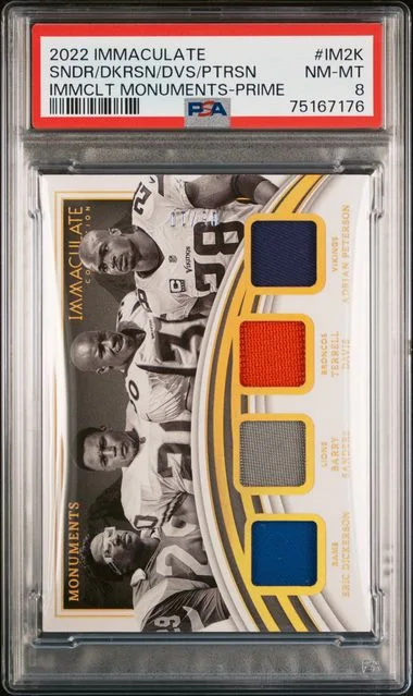 2022 Panini Immaculate Collection Adrian Peterson/Barry Sanders/Eric Dickerson/Terrell Davis Immaculate Monuments Prime #IM-2K card image