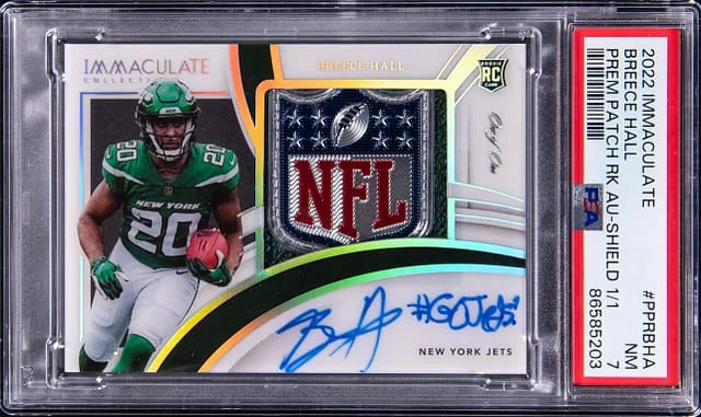 2022 Panini Immaculate Collection Breece Hall Premiuim Patch Autograph Shield #PPR-BHA card image