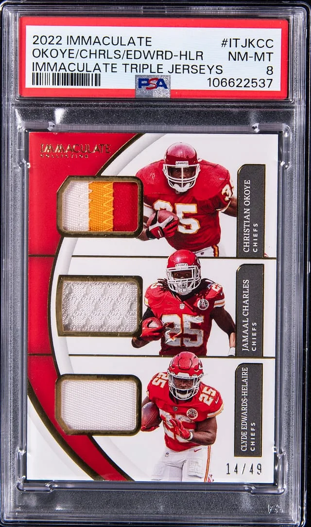 2022 Panini Immaculate Collection Clyde Edwards-Helaire/Jamaal Charles/Christian Okoye Triple Jerseys #ITJ-KCC card image