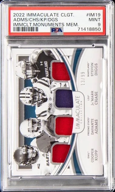 2022 Panini Immaculate Collection Cooper Kupp/Davante Adams/Ja’Marr Chase/Stefon Diggs Collegiate Immaculate Monuments Memorabilia #Im19 card image