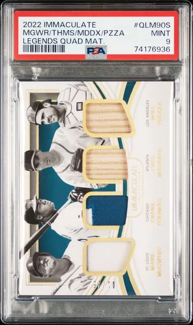 2022 Panini Immaculate Collection Frank Thomas/Greg Maddux/Mark McGwire/Mike Piazza Legends Quad Materials #QLM90S card image