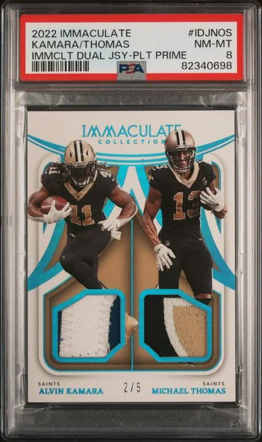 2022 Panini Immaculate Collection Immaculate Dual Jerseys Platinum Prime Idjnos Alvin Kamara/Michael Thomas #no-number card image