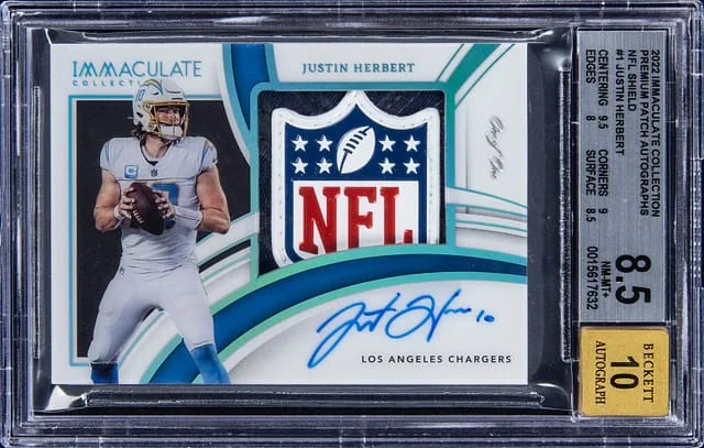 2022 Panini Immaculate Collection Justin Herbert Premium Patch Autographs NFL Shield #PPA-JHE card image