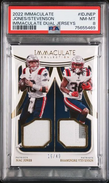 2022 Panini Immaculate Collection Mac Jones/Rhamondre Stevenson Immaculate Dual Jerseys #IDJ-NEP card image