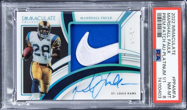 2022 Panini Immaculate Collection Marshall Faulk Premium Patch Autograph Platinum #PPA-MFA card image