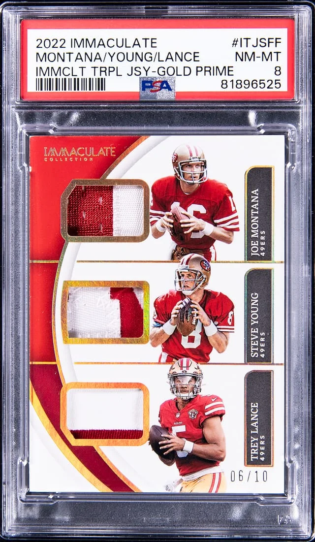 2022 Panini Immaculate Collection Montana/Young/Lance Triple Jersey Gold Prime #ITJ-SFF card image