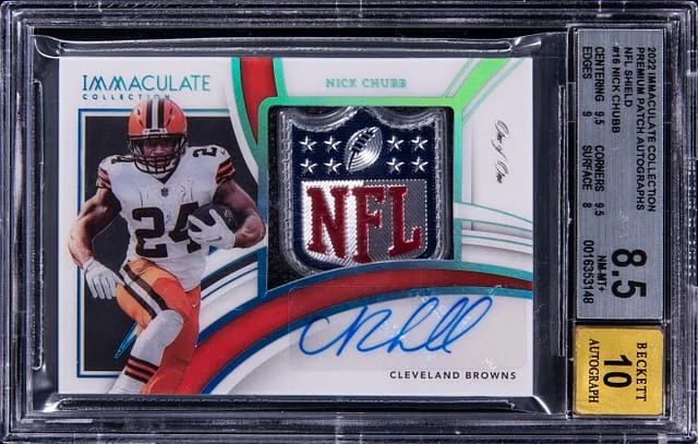 2022 Panini Immaculate Collection Nick Chubb Premium Patch Autograph NFL Shield #PPA-NCH card image