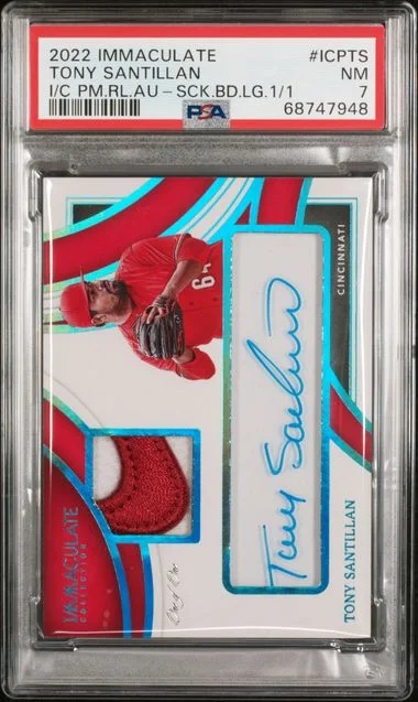 2022 Panini Immaculate Collection Tony Santillan Immaculate Clear Prime Relics Autographs Sock Brand Logo #ICP-TS card image