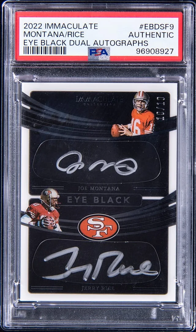 2022 Panini Immaculate Joe Montana/Jerry Rice Eye Black Dual Autographs #EBD-SF9 card image