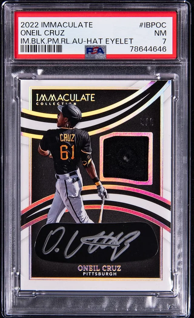 2022 Panini Immaculate Oneil Cruz Immaculate Black Prime Relics Autograph Hat Eyelet #IBP-OC card image