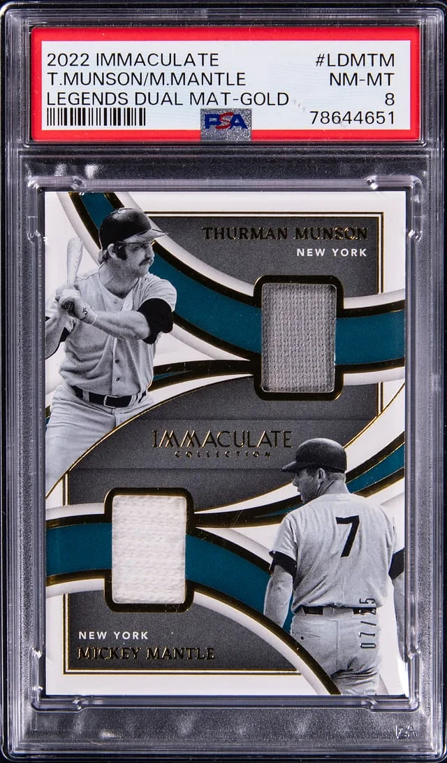 2022 Panini Immaculate Thurman Munson/Mickey Mantle Legends Dual Materials Gold #LDM-TM card image