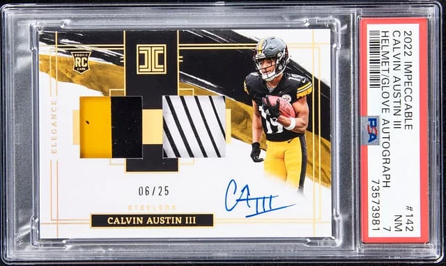 2022 Panini Impeccable Calvin Austin III Helmet/Glove Autograph #142 card image