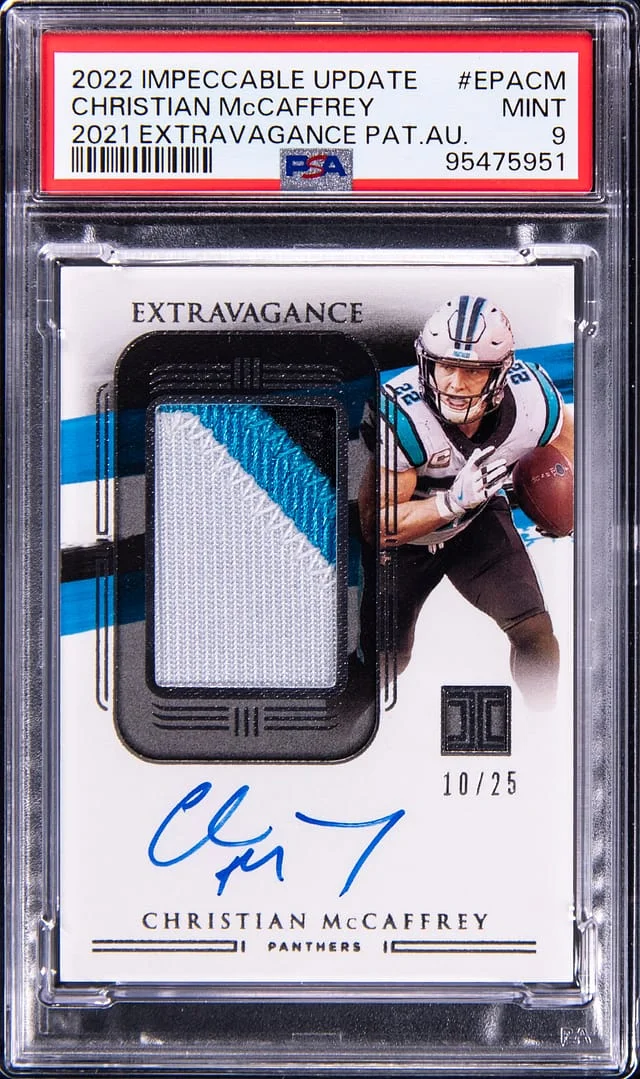 2022 Panini Impeccable Christian McCaffrey Update 2021 Extravagance Patch Autograph #EPA-CM card image