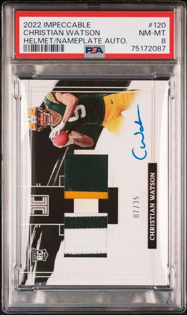 2022 Panini Impeccable Christian Watson Helmet/Nameplate Autograph #120 card image
