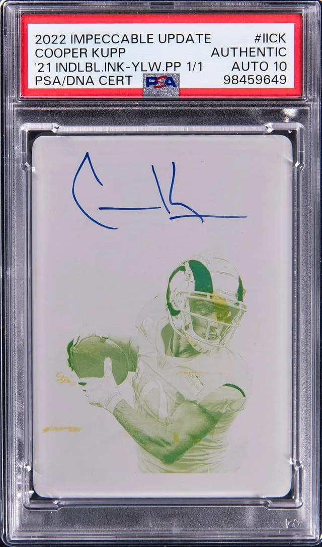 2022 Panini Impeccable Cooper Kupp Update '21 Indelible Ink Yellow Printing Plate Autograph #II-CK card image