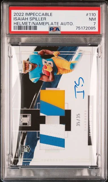 2022 Panini Impeccable Isaiah Spiller Helmet/Nameplate Autograph #110 card image