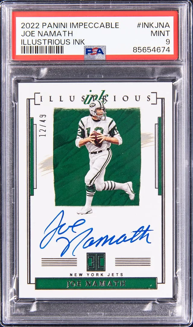 2022 Panini Impeccable Joe Namath Illustrious Ink #INK-JNA card image