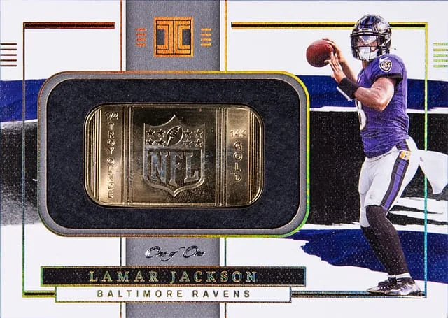 2022 Panini Impeccable Lamar Jackson Gold NFL Shield #SS-LJA card image