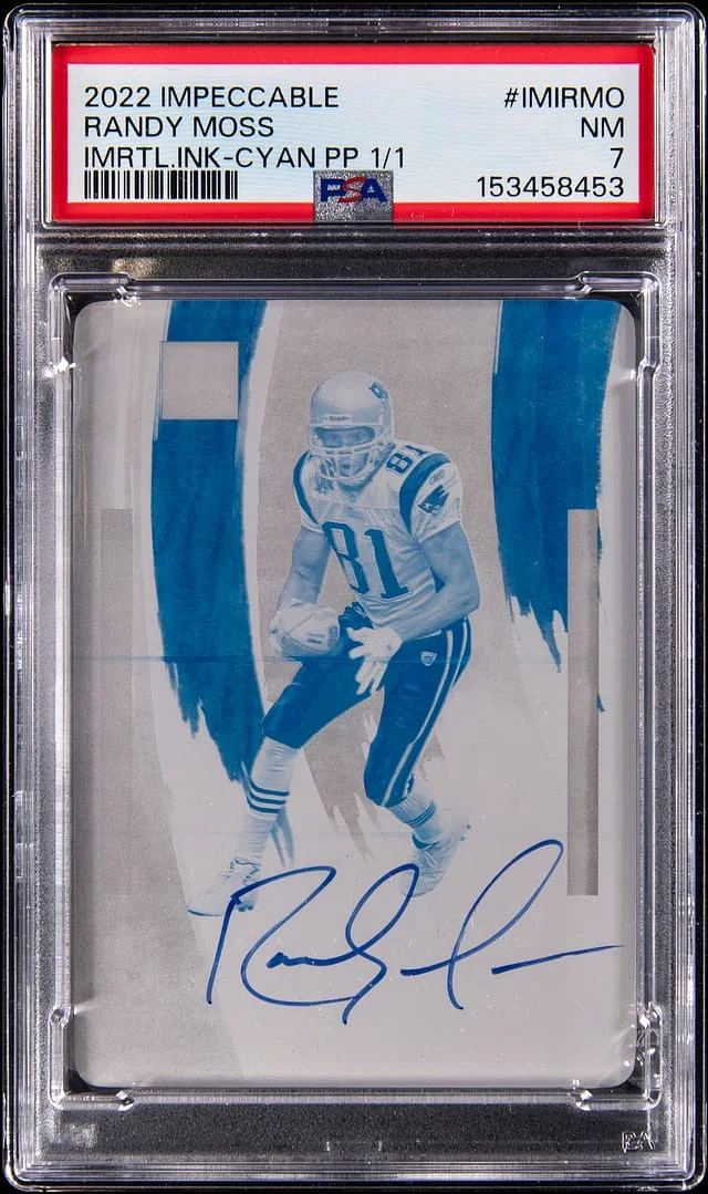 2022 Panini Impeccable Randy Moss Immortal Ink Cyan Printing Plate #IMI-RMO card image