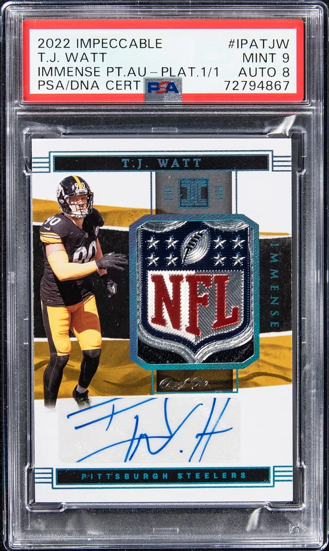 2022 Panini Impeccable T.J. Watt Immense Patch Autograph Platinum NFL Shield #IPA-TJW card image