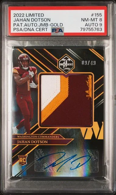 2022 Panini Jahan Dotson Limited Patch Autograph Jumbo Gold #155 card image