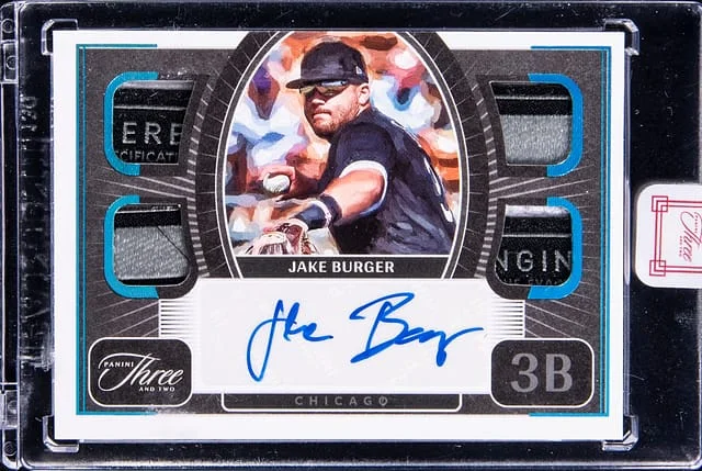 2022 Panini Jake Burger Three and Two Quad Jersey Autographs Holo Platinum Blue #QJA-JB card image