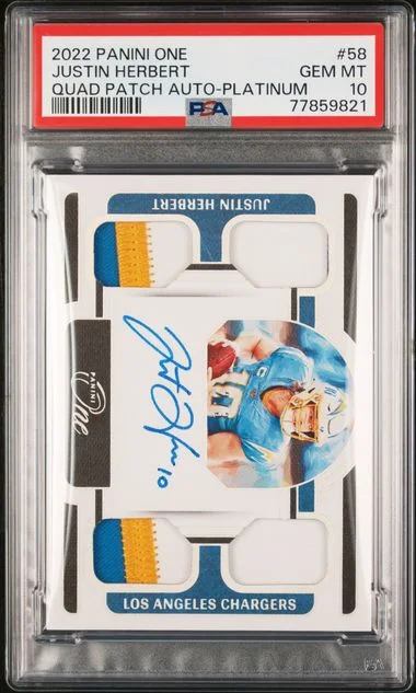 2022 Panini Justin Herbert One Quad Patch Autographs Platinum #58 card image
