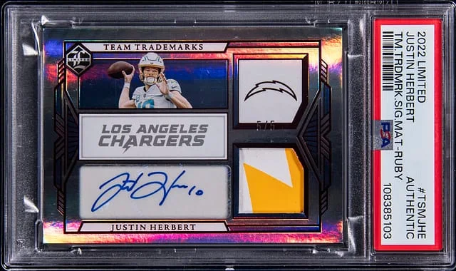 2022 Panini Justin Herbert Limited Team Trademarks Signature Materials Ruby #TSM-JHE card image