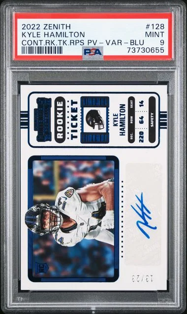 2022 Panini Kyle Hamilton Zenith Contenders Ticket Autograph RPS Preview Variation Blue #128 card image