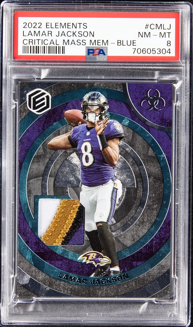 2022 Panini Lamar Jackson Elements Critical Mass Memorabilia Blue #CM-LJ card image