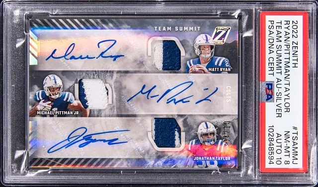 2022 Panini Matt Ryan/ Michael Pittman Jr./ Jonathan Taylor Multi-Signed Zenith Team Summit Triple Autographs Silver #TSA-MMJ card image