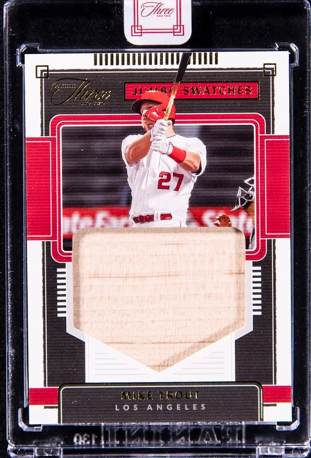 2022 Panini Mike Trout Three and Two Jumbo Swatches Gold #JS-MT card image
