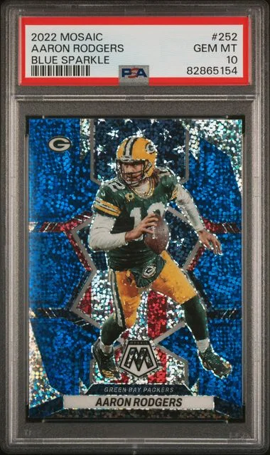 2022 Panini Mosaic Aaron Rodgers Blue Sparkle #252 card image