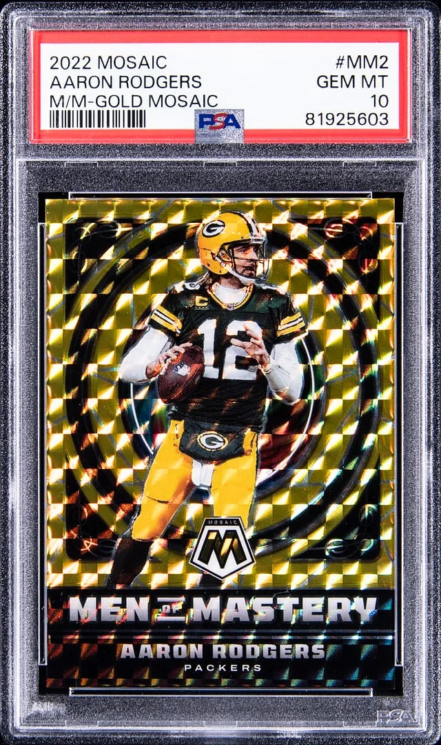 2022 Panini Mosaic Aaron Rodgers Men Of Mastery Gold #MM-2 card image