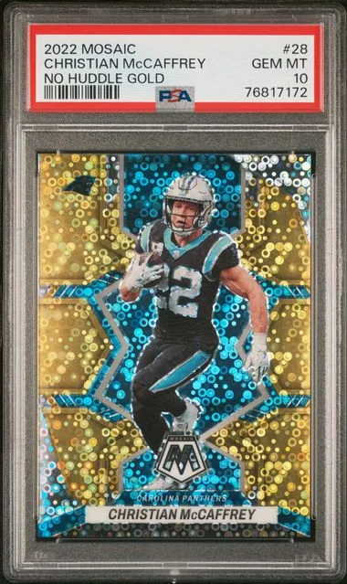 2022 Panini Mosaic Christian Mccaffrey No Huddle Gold #28 card image
