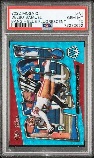 2022 Panini Mosaic Deebo Samuel Bang! Blue Fluorescent #B1 card image