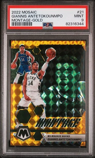 2022 Panini Mosaic Giannis Antetokounmpo Montage Gold #21 card image